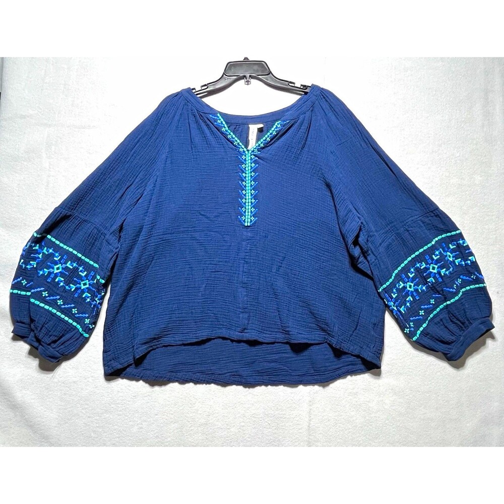 Grace + Karma Women’s 2X Blue Embroidered Peasant Blouse V-Neck 3/4 Sleeve